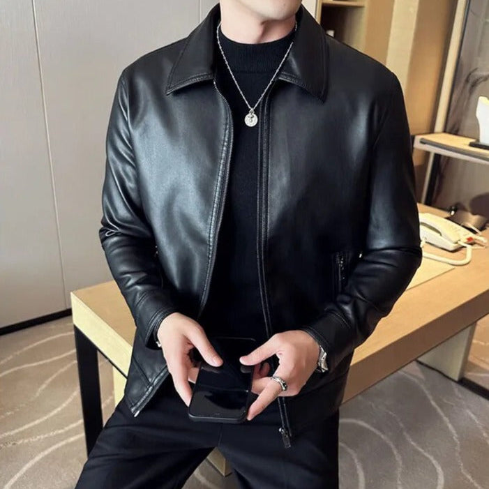 MOTO black leather jacket for men, made from eco-friendly materials, offering comfort and durability.