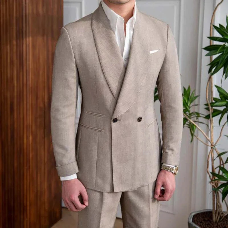 British wedding 2 piece suit with pants and jacket in elegant beige, 100% polyester.