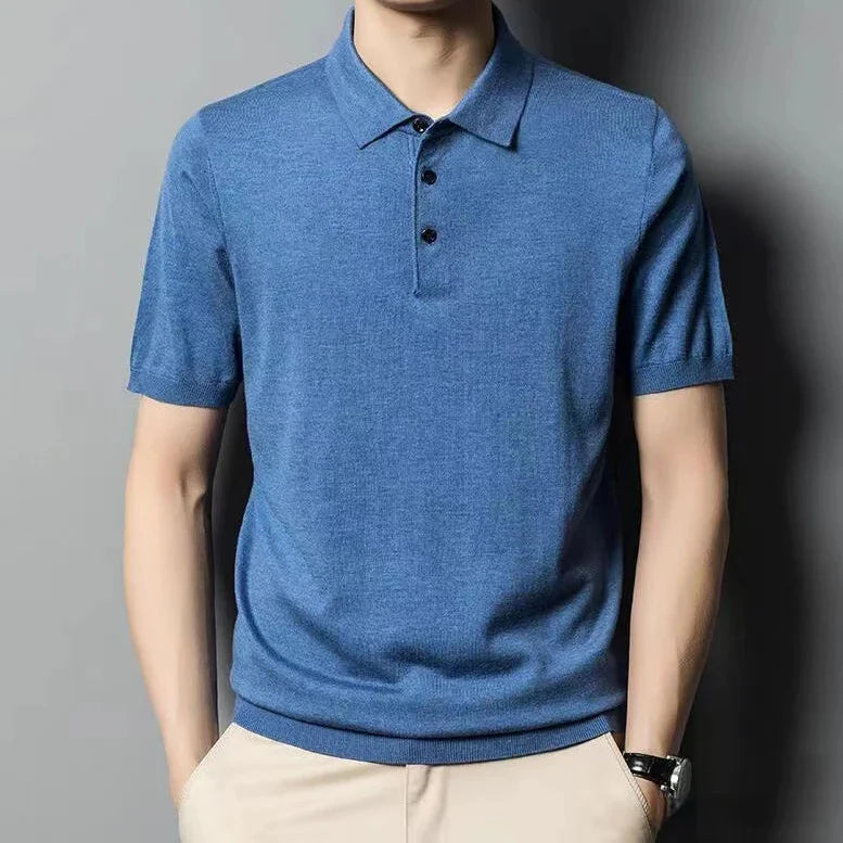 Silk wool polo t-shirt in blue for men, offering comfort and casual elegance.