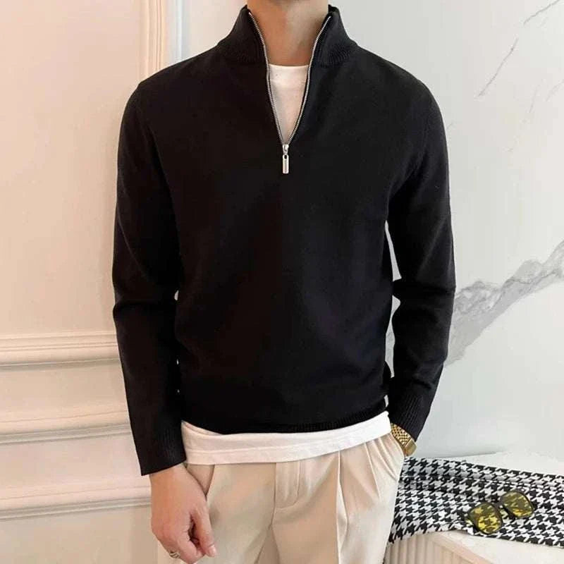 Men's stand collar zipper sweater in black, made from wool and polyester.