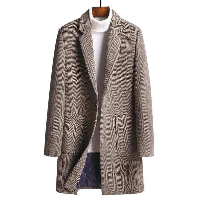 Business casual Korean coat for men with polyester and wool fabric, ideal for autumn and winter.