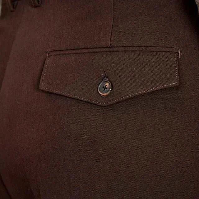 Italian straight style elegant pants in brown, featuring a back buttoned pocket.