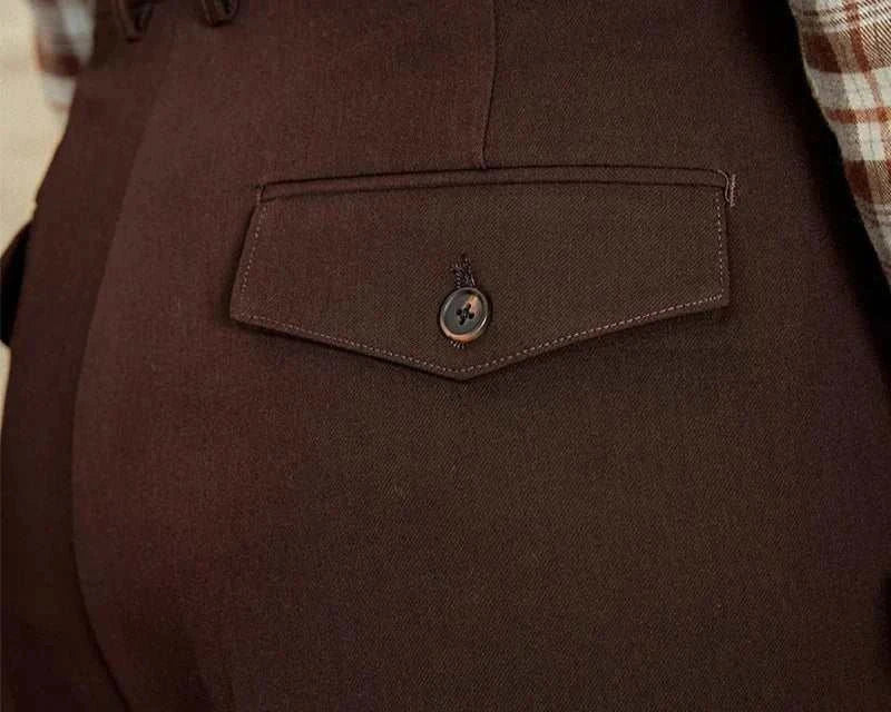 Italian straight style elegant pants in brown, featuring a back buttoned pocket.