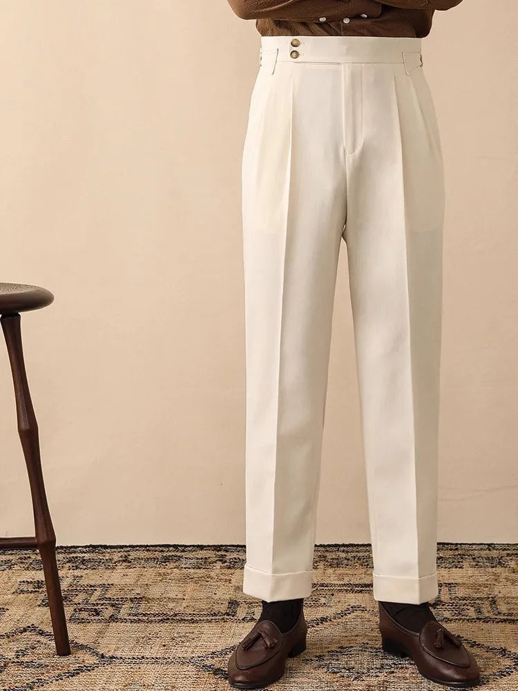 White trousers for office and social club, made from polyester and cotton, offering style and comfort for modern gentlemen.