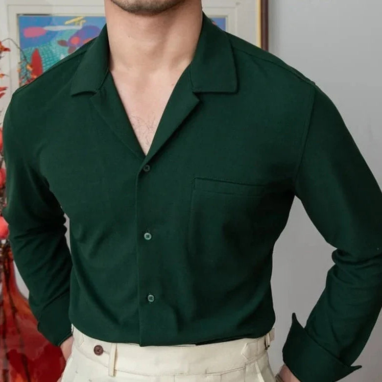 Men's dark green turn-down collar shirt with long sleeves, perfect for smart casual outfits.