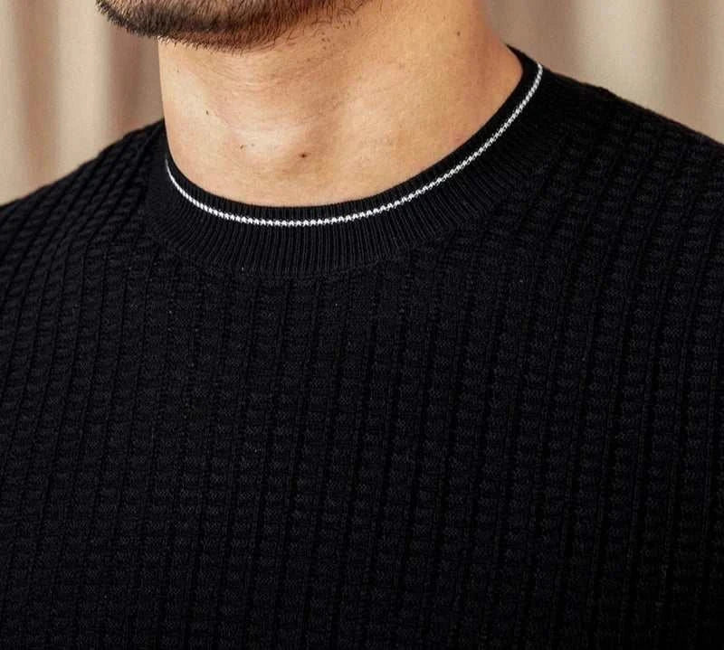 Winter wool sweater for men in black, close-up of textured fabric and neckline.