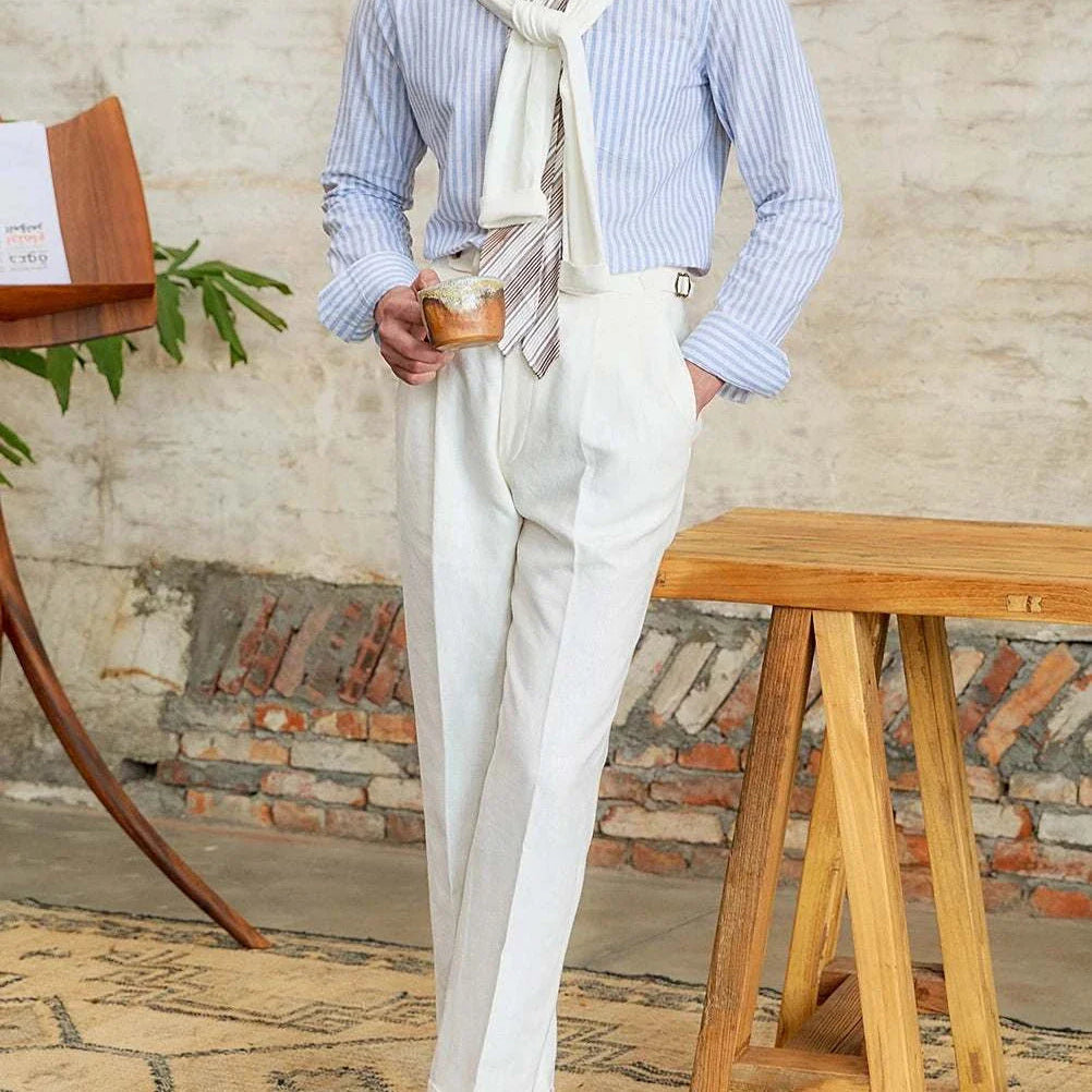 Antonios business striped long-sleeve shirt, lightweight linen-cotton blend, professional male attire.