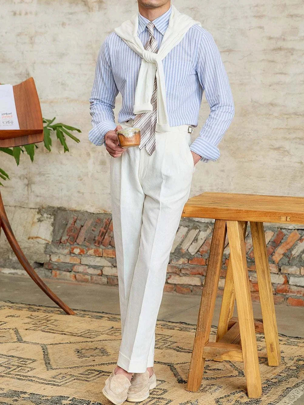 Antonios business striped long-sleeve shirt, lightweight linen-cotton blend, professional male attire.