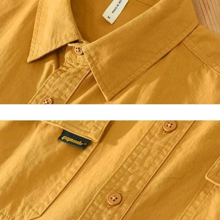 Japanese loose short sleeve summer shirt in solid yellow cotton fabric.