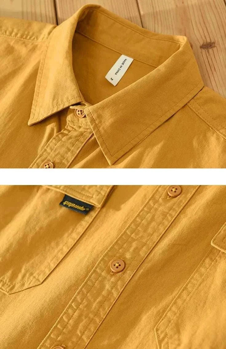 Japanese loose short sleeve summer shirt in solid yellow cotton fabric.