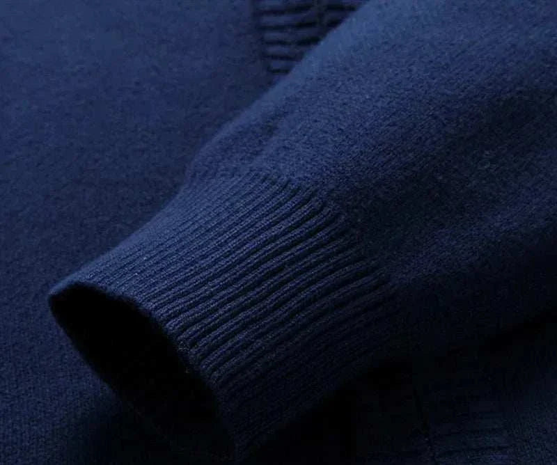 Close-up of navy blue sleeve on an autumn zipper cotton cardigan.