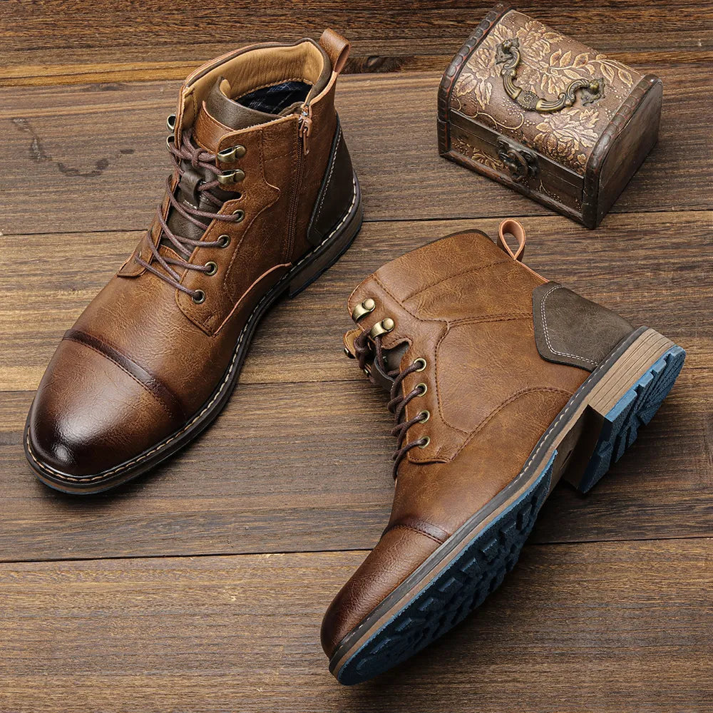 ANT american boots in brown displayed on wooden surface, showcasing their classic and minimalist design.
