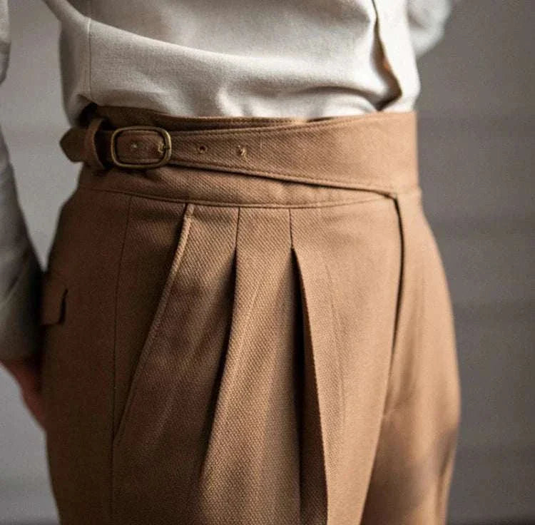 Cold season straight trousers in solid color for men, polyester material, casual and elegant style.