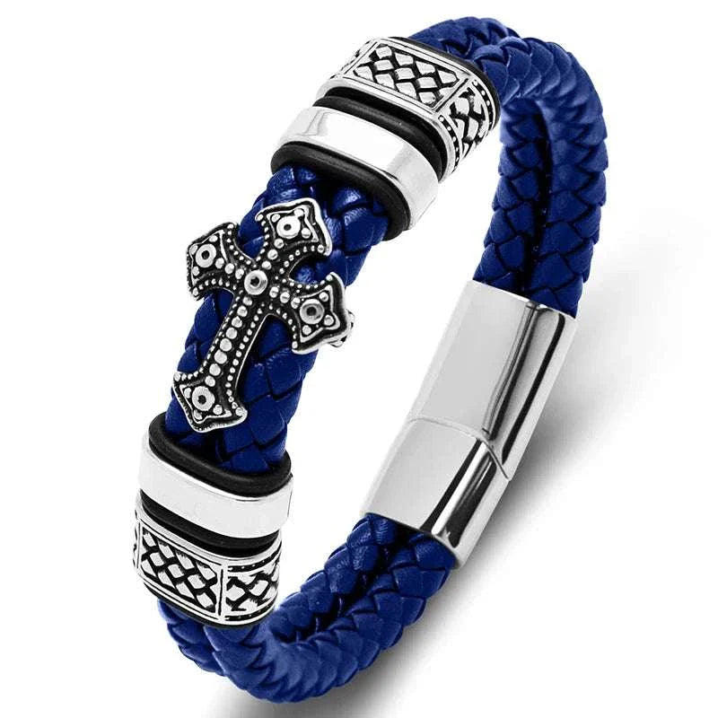 Stainless steel cross magnet bracelet with blue PU strap.