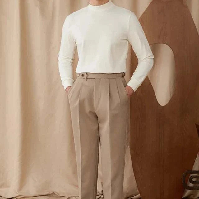 Men's soft half turtleneck sweater in white, polyester material, cozy fit.