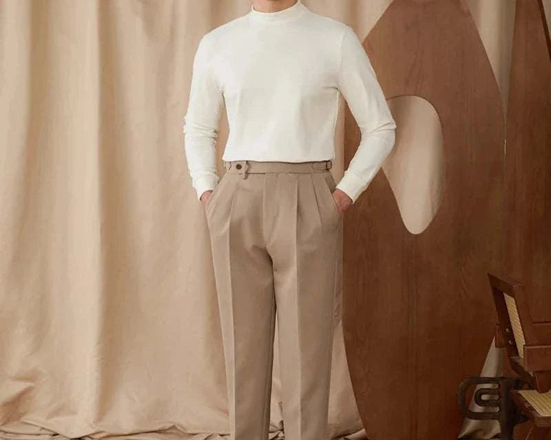 Men's soft half turtleneck sweater in white, polyester material, cozy fit.