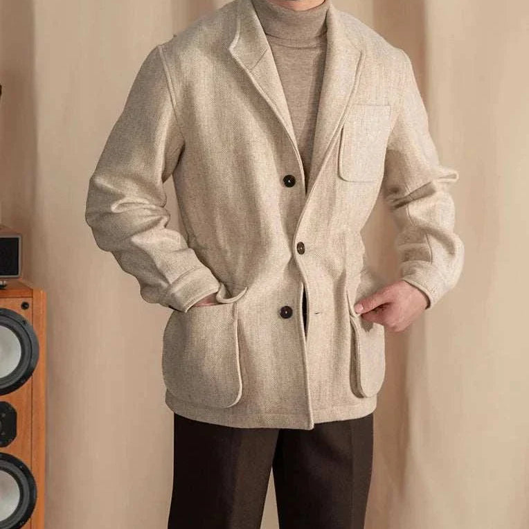 British winter premium jacket for men, wool and cotton blend, beige color, cozy and stylish.