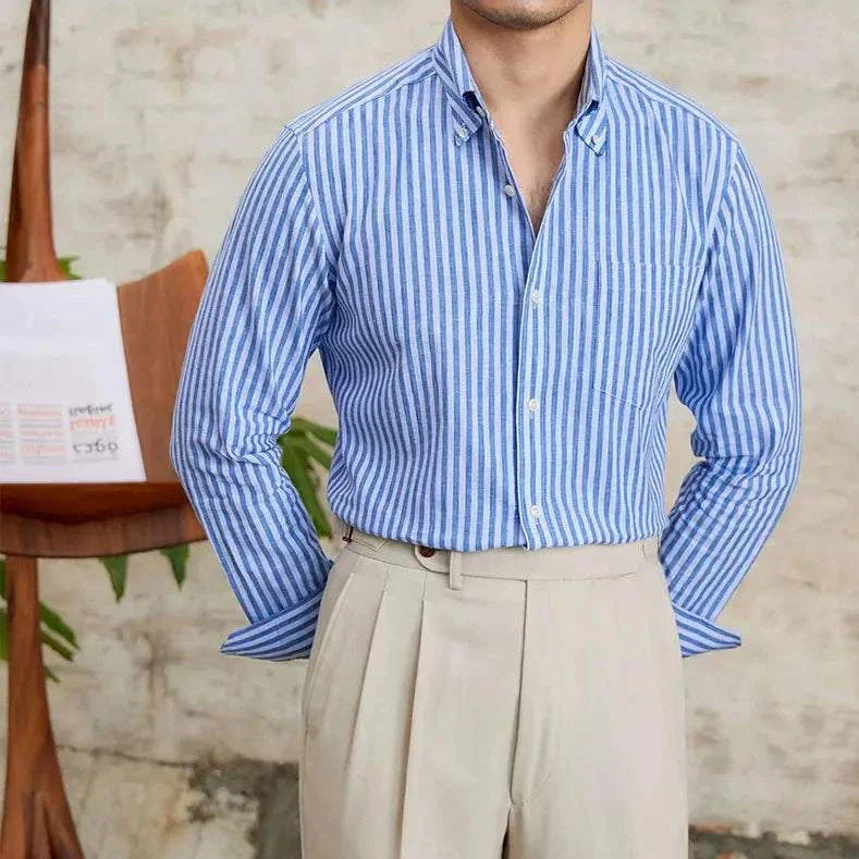 Antonios business striped long-sleeve shirt in blue and white, showcasing a stylish, professional look.