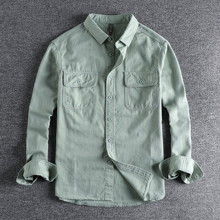 Vintage-Retro Cotton Shirt in green, high-quality cotton-linen blend, stylish and breathable for men.