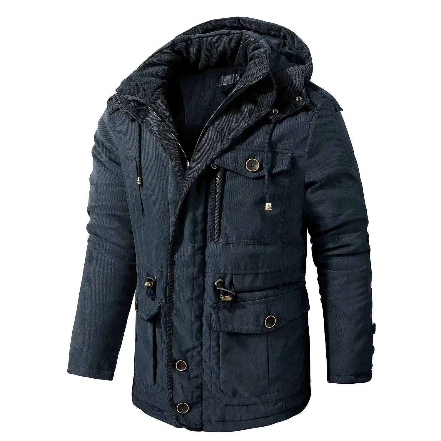 Thick windproof jacket for men, navy color, polyester and cotton blend, ideal for chilly weather.