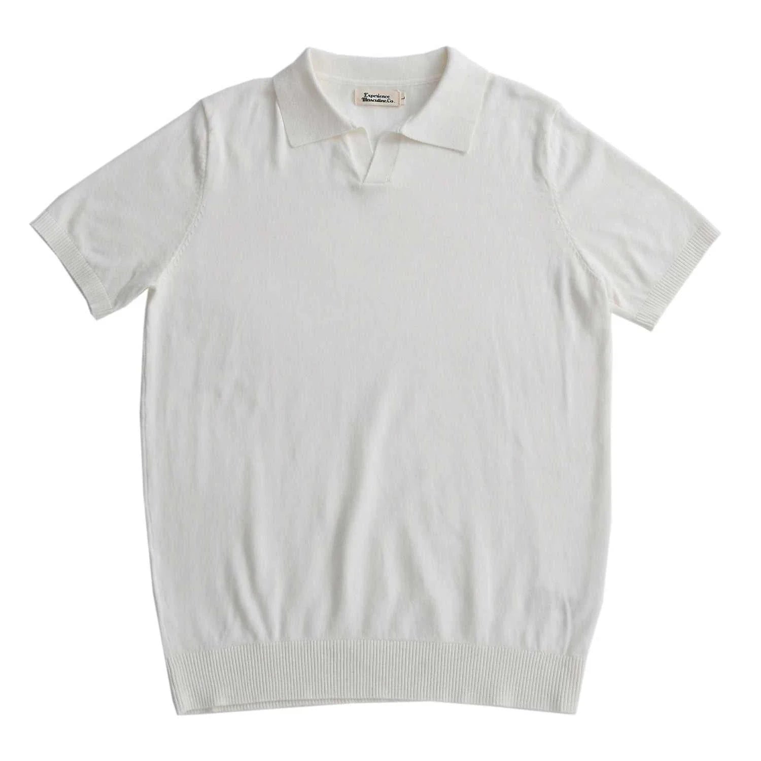 Old money American polo t-shirt, solid white, cotton material, men's spring/summer casual wear.