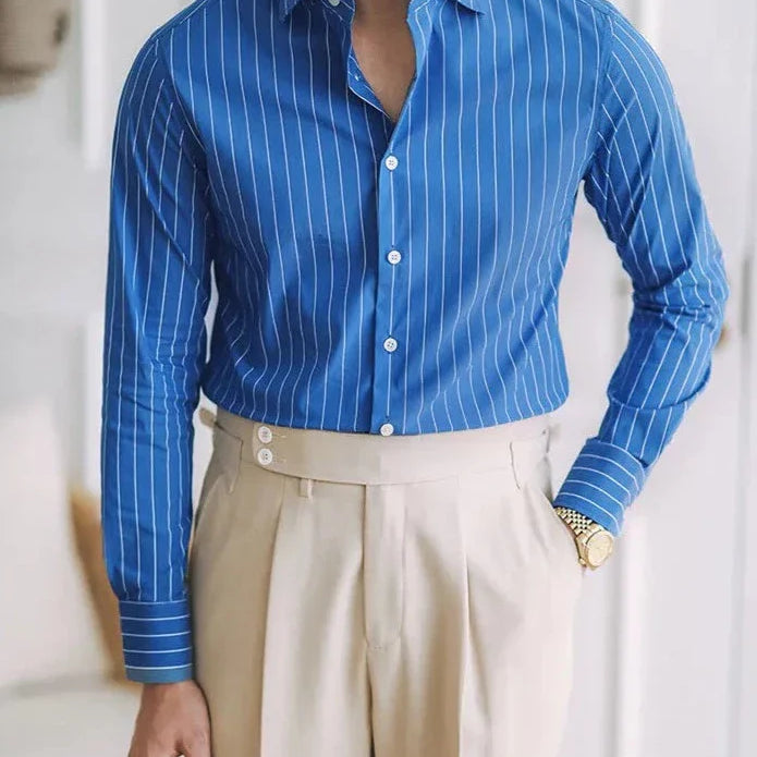 Gentleman premium shirt in blue with long sleeves and printed pattern.