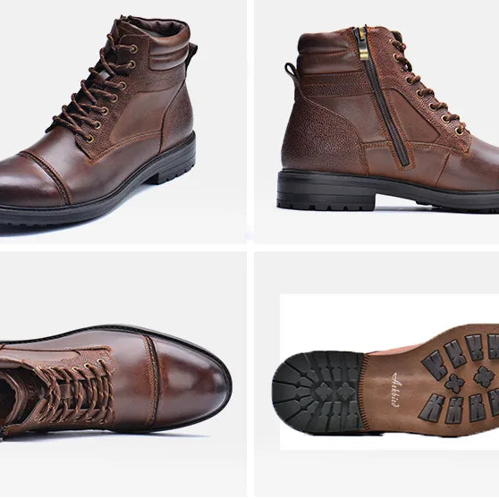 Premium brown leather ANT high boots with lace-up design, side zipper, and durable rubber sole for versatile style.