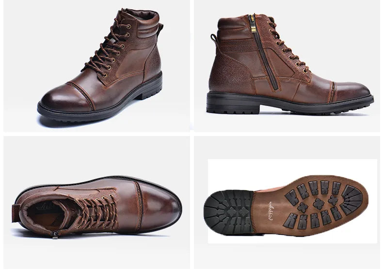 Premium brown leather ANT high boots with lace-up design, side zipper, and durable rubber sole for versatile style.