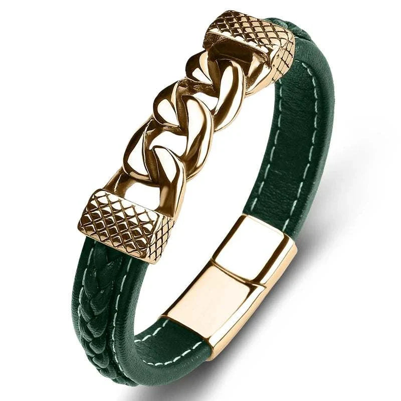 Classic chain stainless steel bracelet with durable PU material.