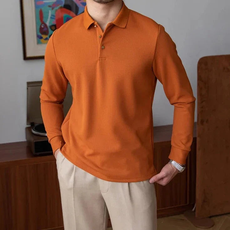 Heavy premium sweater in orange red, 100% cotton, striped pattern, for men, casual/elegant style.
