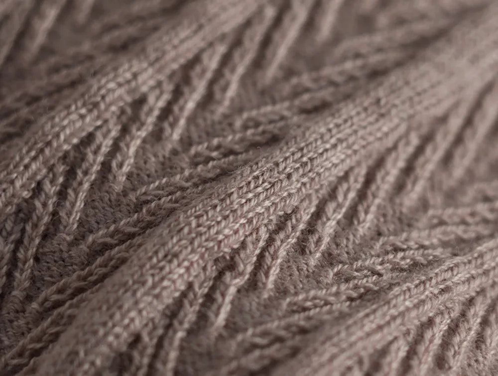 Close-up of soft wool texture of the luxury wool mock neck pullover.