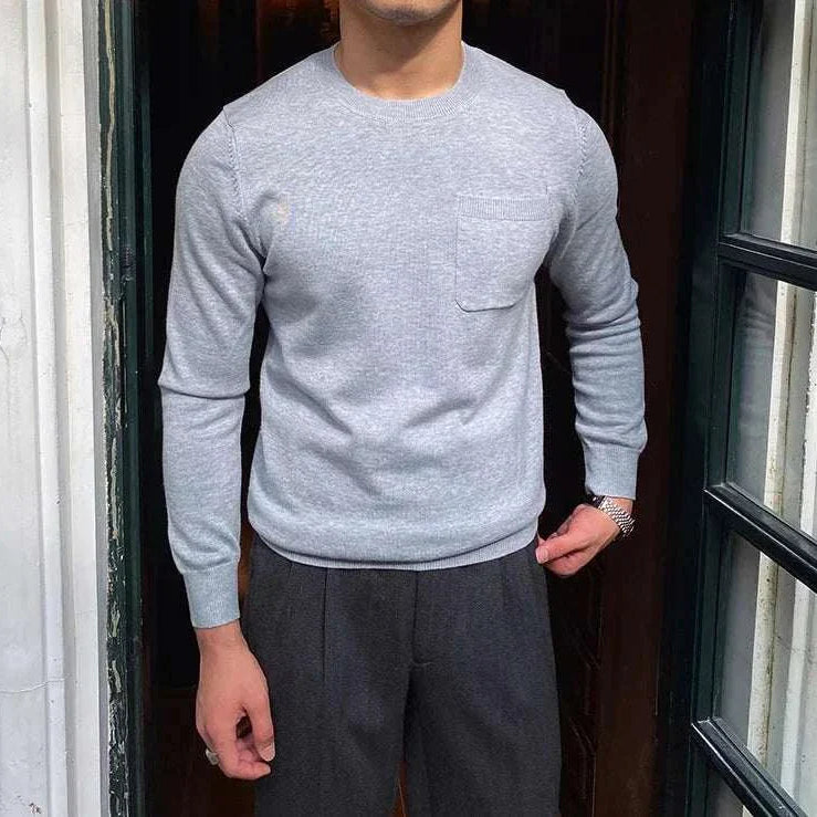 Men's office sweater in light gray, slim fit, perfect for business settings.