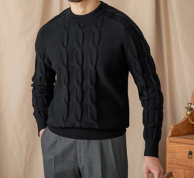 Round neck vintage sweater in black for men, made from cotton and wool blend.