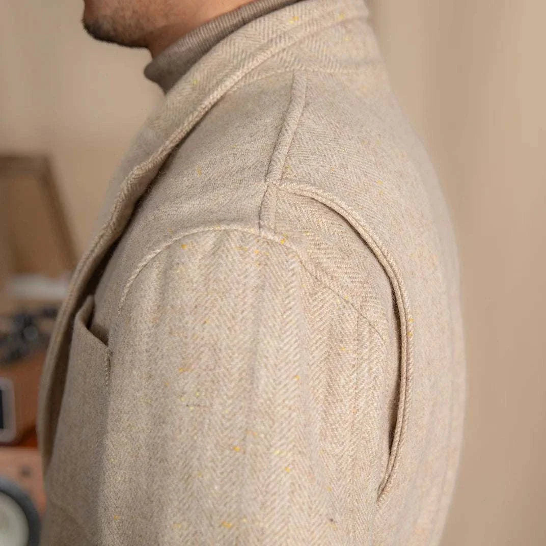 British winter premium jacket made of wool and cotton, showcasing cozy texture and perfect fit.