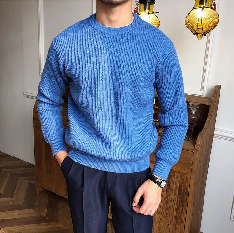 Antonios solid round neck knit sweater in blue, stylish men's wool sweater for comfort and warmth.