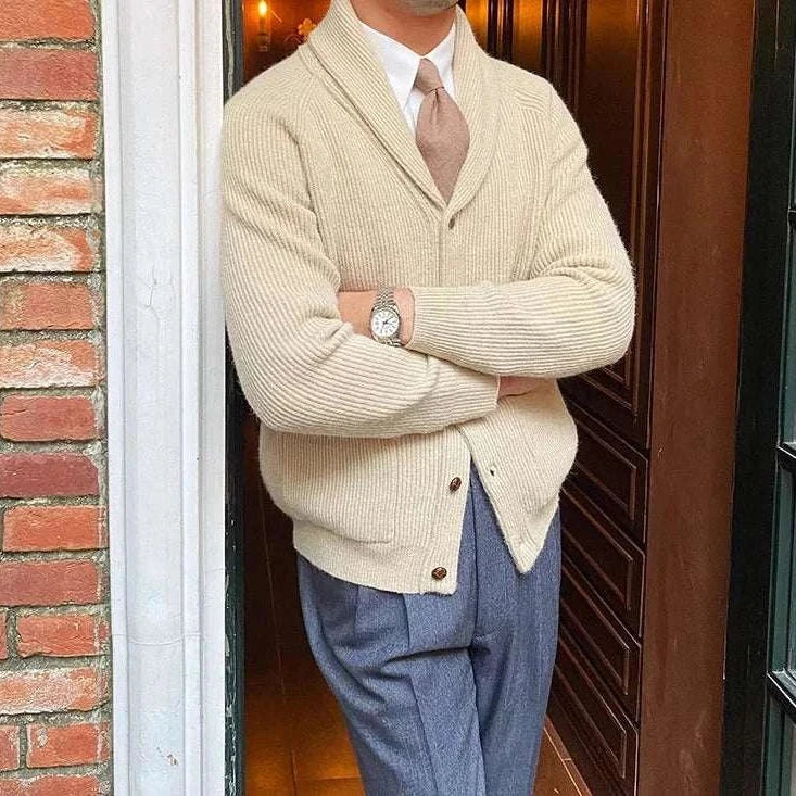 Oxford premium cardigan in apricot color, showcasing a stylish and elegant design, perfect for casual and formal attire.