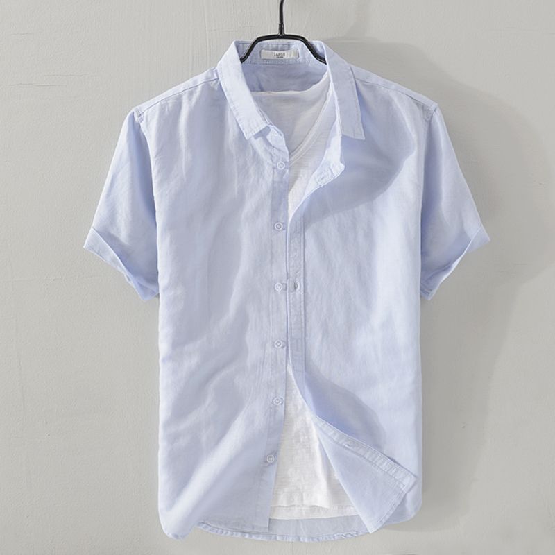 Antonios Short-sleeve Linen Shirt in light blue, breathable linen-cotton blend, smart casual style.