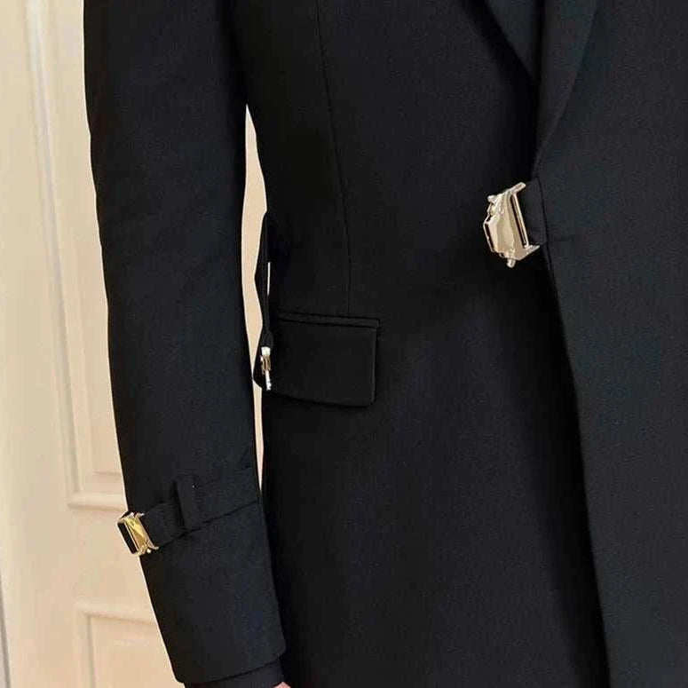 Elegant slim fit suit jacket with stylish buckle details.