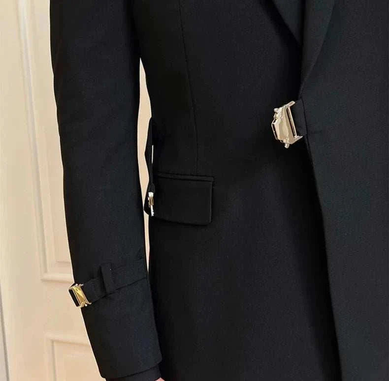 Elegant slim fit suit jacket with stylish buckle details.