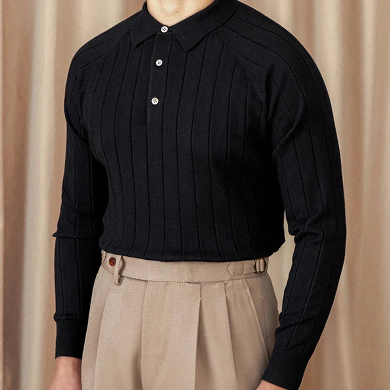 Men's black wool-blend sweater with ribbed detailing, stylish Italian design.