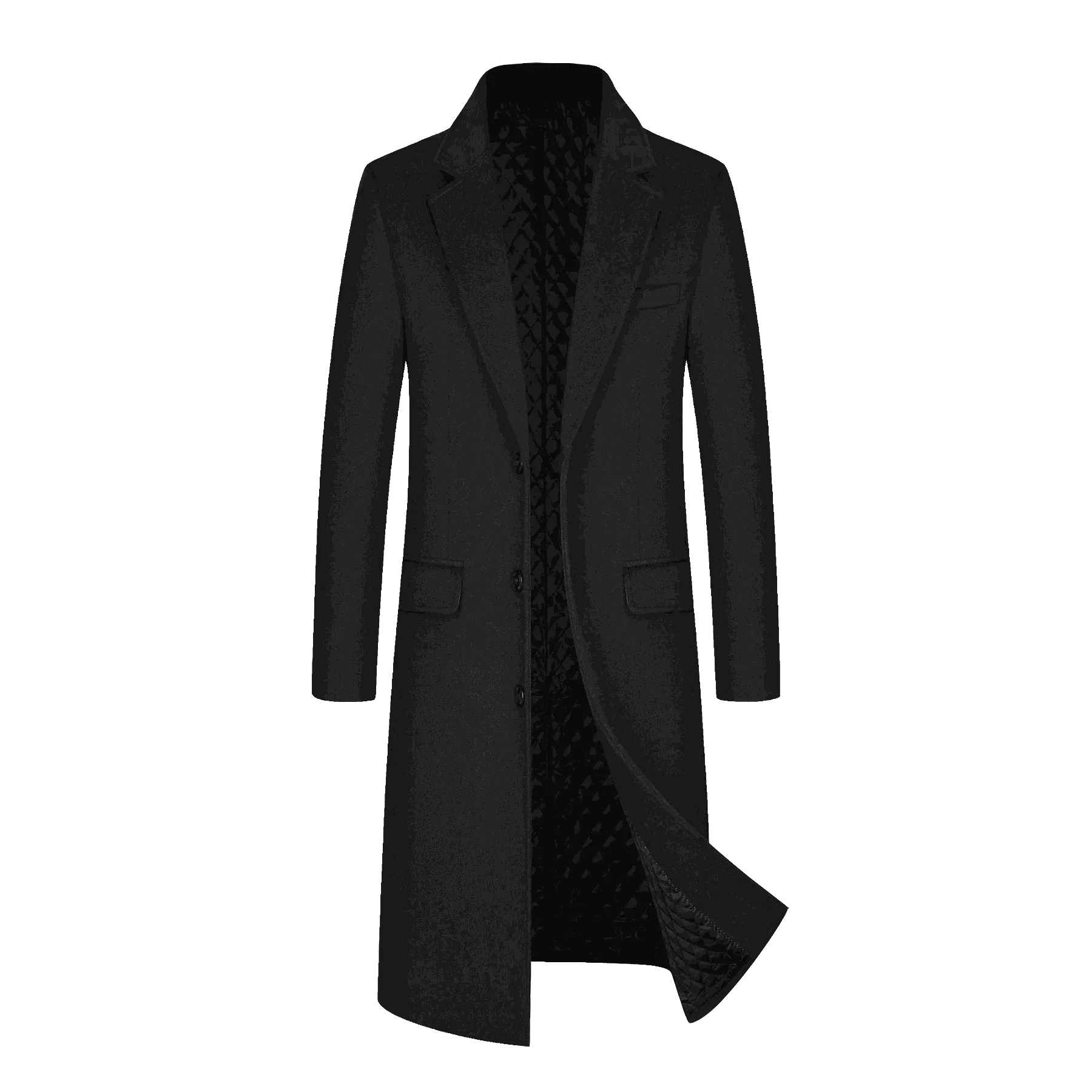 Men's wool elegant long coat in black for autumn and winter seasons.
