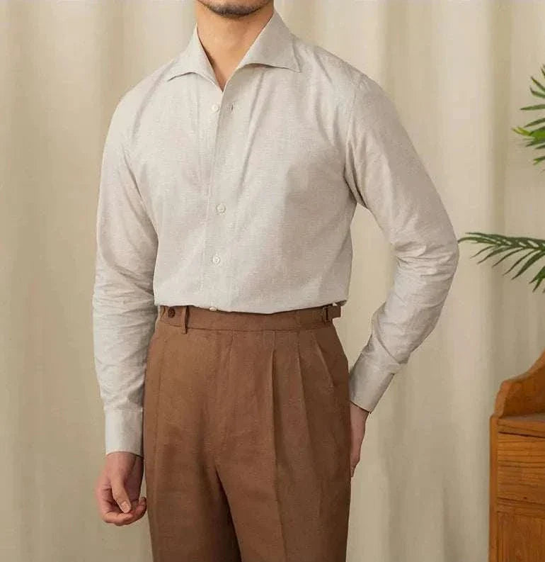 Piece collar casual long-sleeve shirt for men made with linen and cotton, perfect for any occasion.