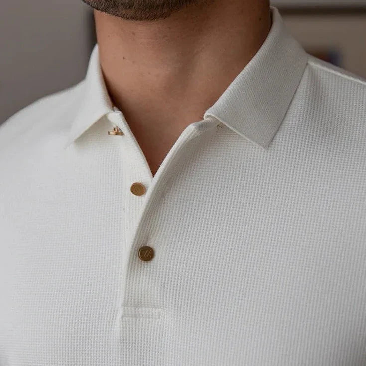 White heavy premium sweater for men, 100% cotton, with button detail.