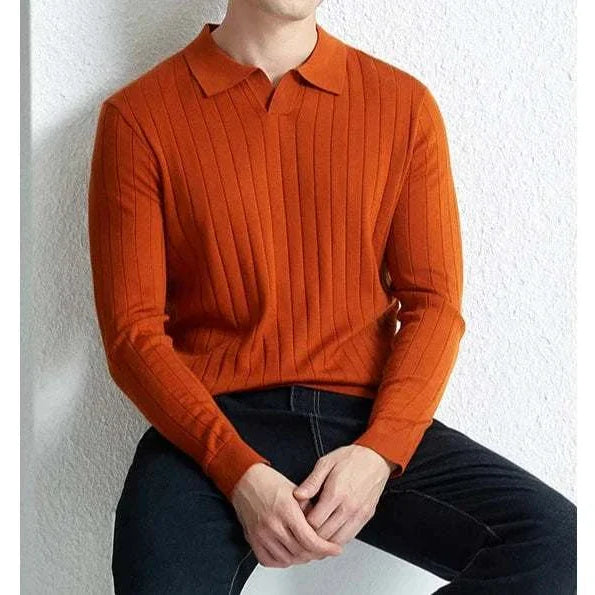 Casual wool autumn sweater in orange, slim fit for men, perfect for chilly weather.