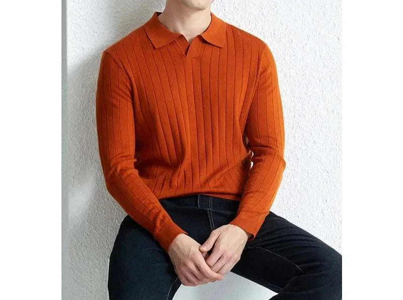 Casual wool autumn sweater in orange, slim fit for men, perfect for chilly weather.