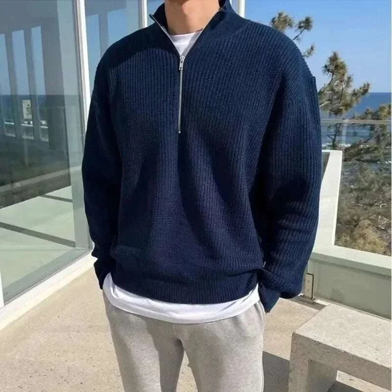 Half-high zipper autumn sweater for men in navy blue, ideal for cooler weather.