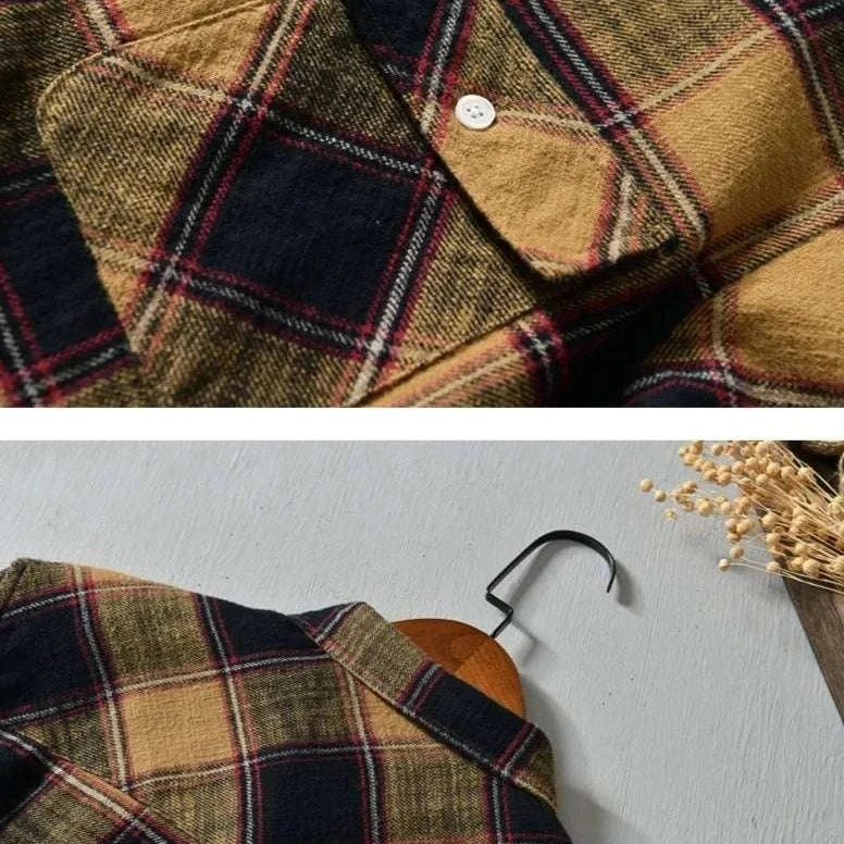 Korean plaid long-sleeve shirt in brown and black, cotton fabric, close-up details.