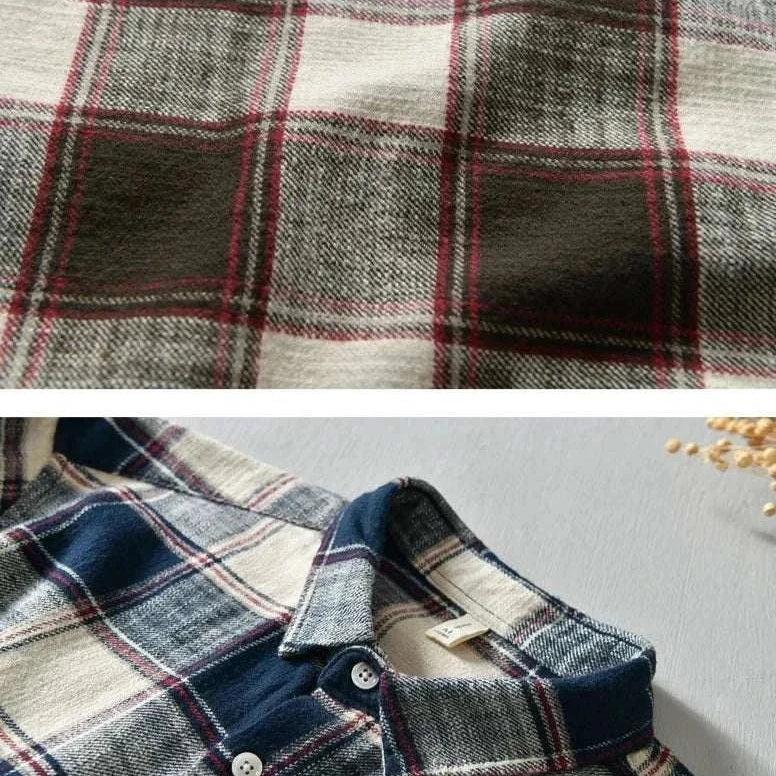 Korean plaid long-sleeve shirt for spring/summer, cotton material, casual style.