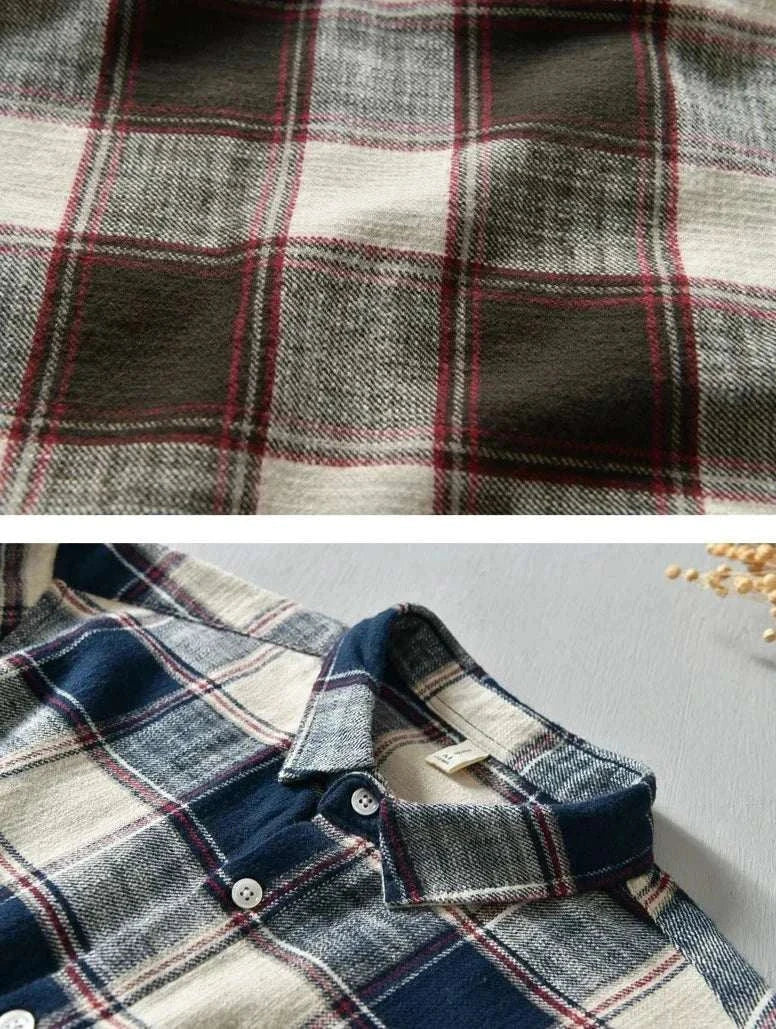 Korean plaid long-sleeve shirt for spring/summer, cotton material, casual style.