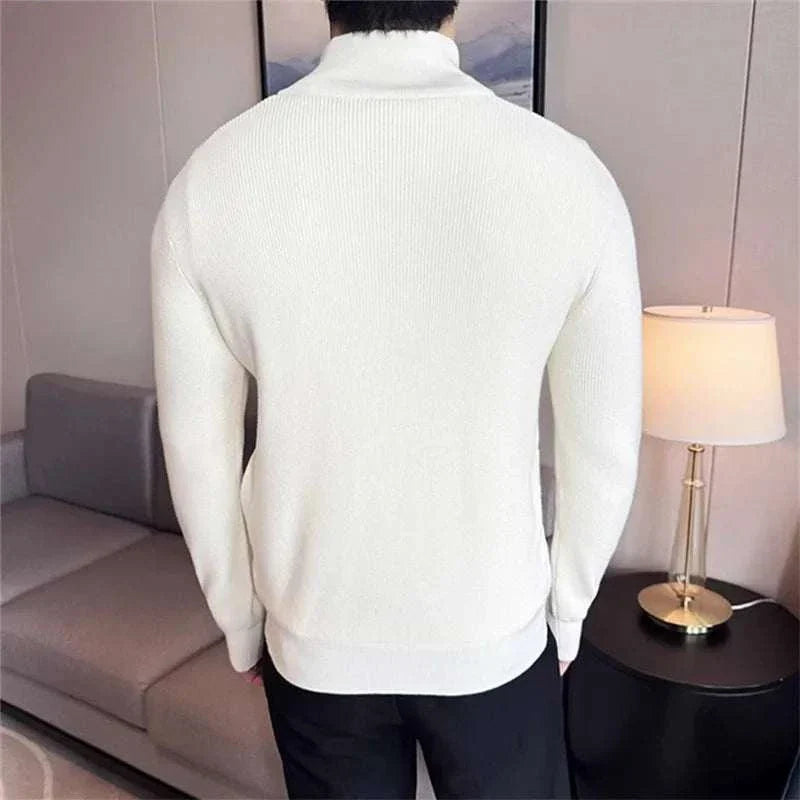 Men's cold season knit zipper sweater in white, back view, cozy polyester material.